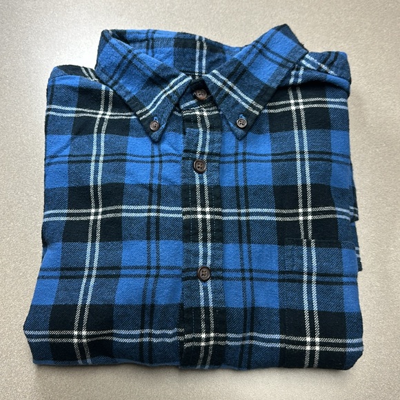 Women’s long flannel shirt button down collar single breast pocket blue & black - Picture 1 of 9